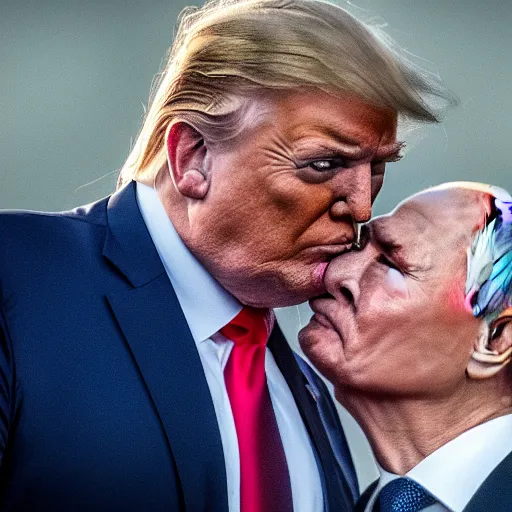 Prompt: telephoto candid cropped photo of trump kissing putin, zeiss 1 5 0 mm