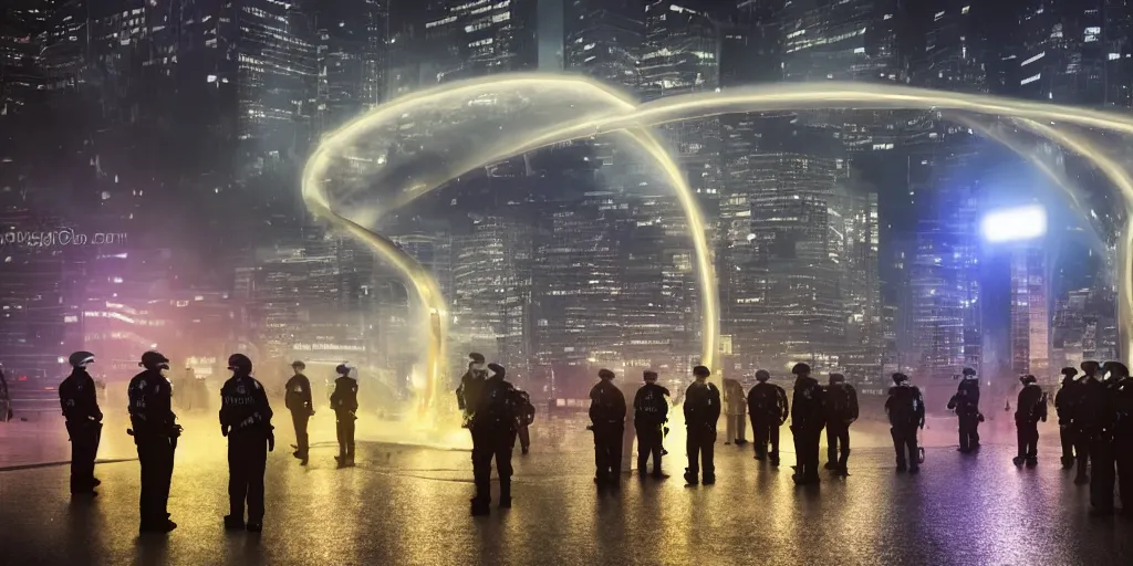 Image similar to policemen protecting a huge spiral - shaped bright luminous attractor right in the center of the city from protesting people,, rain and light fog, professional lighting, concept art in 3 d, high detail, professional lighting