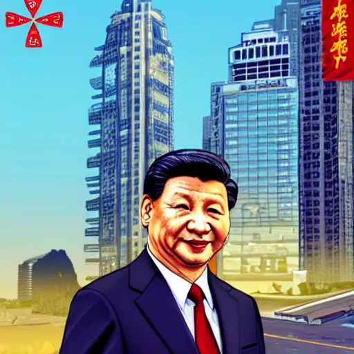 Prompt: Xi Jinping in GTA V, Cover art by Stephen Bliss, Boxart, loading screen