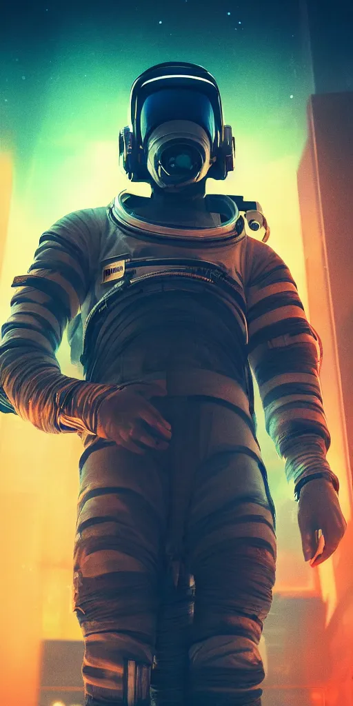 Image similar to professional photo of astronaut from front standing very close to camera from low angle shot, cyberpunk, synthwave, blade runner, hyperrealistic masterpiece, trending on artstation, cgsociety, kodakchrome, golden ratio, cinematic, composition, beautiful lighting, hyper detailed, sharp focus, octane render, 4 k, unreal engine