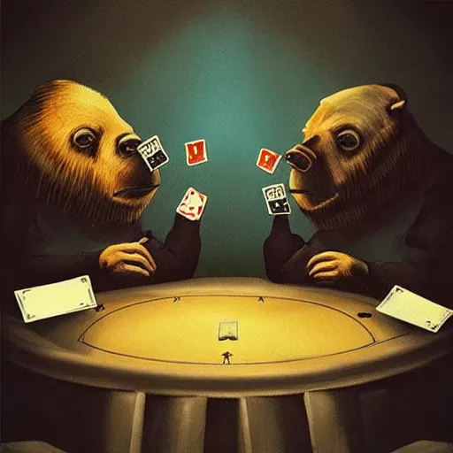 Image similar to “tardigrade and grizzly bear mobsters playing poker in a dimly lit basement poker table”