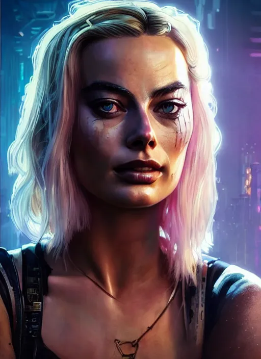 Image similar to portrait of Margot Robbie as a character in arabian Cyberpunk 2077, looking at camera, intricate, dystopian, sci-fi, extremely detailed, digital painting, artstation, concept art, smooth, sharp focus, illustration, intimidating lighting, incredible art by artgerm and greg rutkowski and alphonse mucha and simon stalenhag