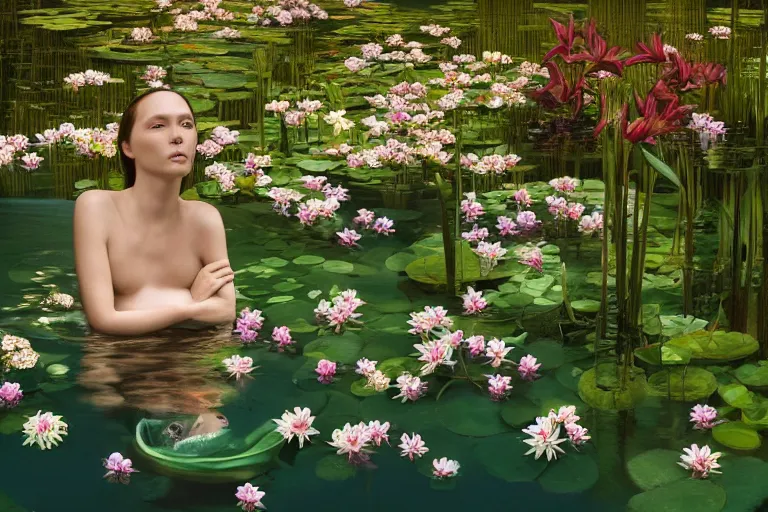 Image similar to hyperrealistic cinematic 3 d portrait of a woman's head and shoulders floating in a pond, surrounded by a forrest of lillies, deep focus, intricate, elegant, highly detailed, matte, sharp focus, by bill henson and gregory crewdson and james jean