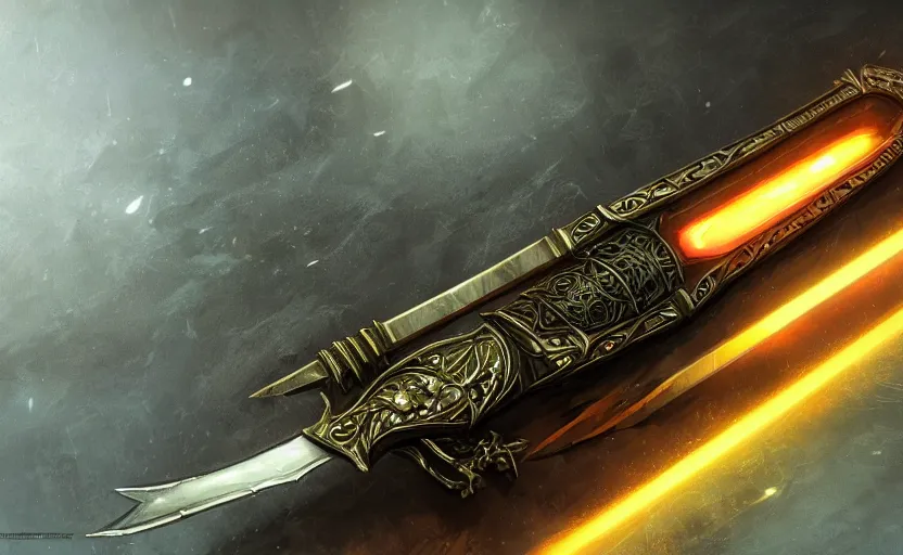 Image similar to legendary sword of cybernetic technology lying flat on a glowing table, digital award winning hd matte painting, intimate dark moody, intricate, long sharp black and iridescent blade, ornate spikes, colorful hilt, detailed realistic, raytraced blade, colored gems, golden pommel, in the style of greg rutkowski and krenz cushart, deviantart