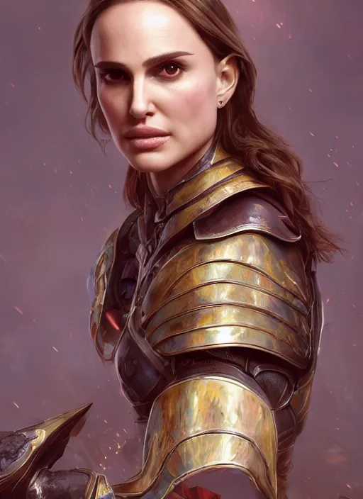 Image similar to portrait of natalie portman as a legendary knight warrior, au naturel, hyper detailed, digital art, trending in artstation, cinematic lighting, studio quality, smooth render, unreal engine 5 rendered, octane rendered, art style by klimt and nixeu and ian sprigger and wlop and krenz cushart.