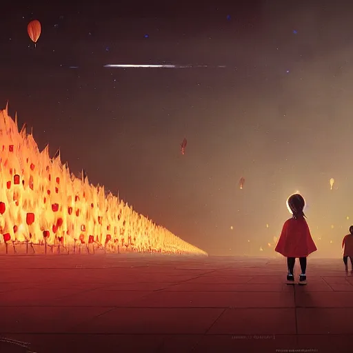 Image similar to a little girl watching hundreds of chinese sky lanterns in the night sky over a sci-fi space base, by Greg Rutkowski