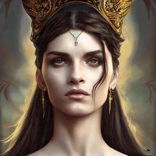 Prompt: an attractive young tattooed female with piercings wearing an white ornate metallic helmet, helena christensen, olive skin, long dark hair, beautiful bone structure, intricate, elegant, highly detailed, digital painting, artstation, concept art, smooth, sharp focus, illustration, art by artgerm and greg rutkowski and alphonse mucha