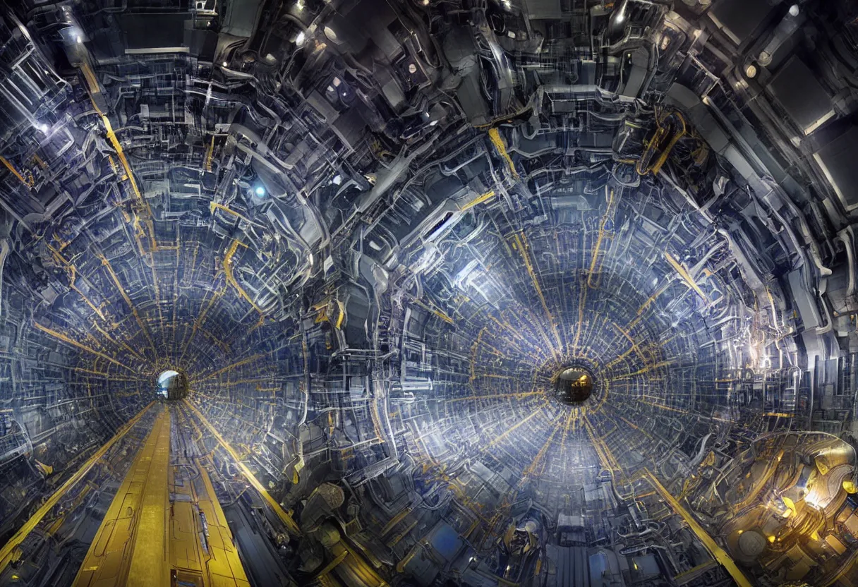 Image similar to inside of cern large hadron collider, pulled apart, ultra high definition, ultra detailed, matte painting, by greg rutkowski and ross tran and wlop