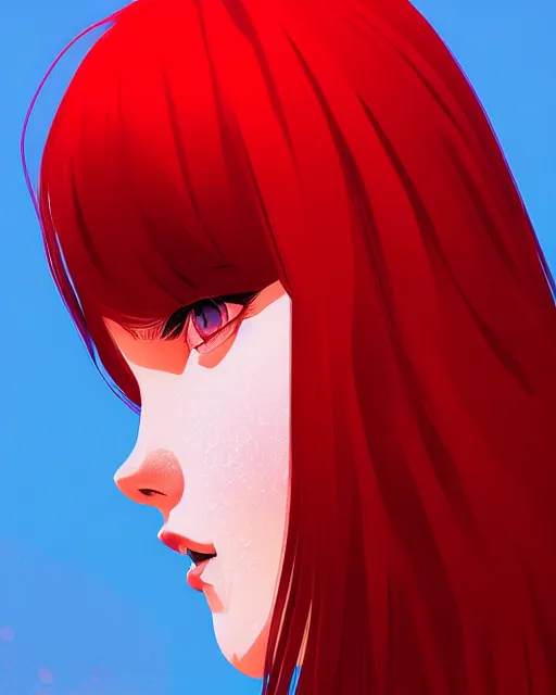 Image similar to a detailed portrait of a cute woman with red hair and freckles by ilya kuvshinov, digital art, dramatic lighting, dramatic angle