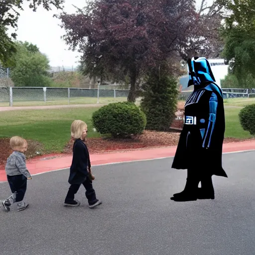 Image similar to darth vader walking kids to the kindergarten