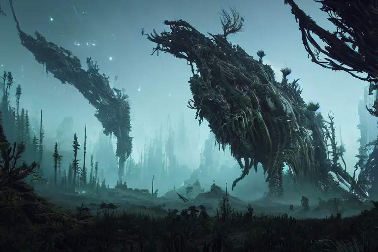 Image similar to wide epic shot from horizon forbidden west. a hyper detailed organic mechanic creatuve realistic similar look as horizon forbidden west horizon zero dawn, bioluminiscence in a dark deep forest at dawn in spring, with reflection and textures, by kilian eng, substance painter reaslitic mech surface metal painted scratches, world env from horizon forbidden west horizon zero dawn