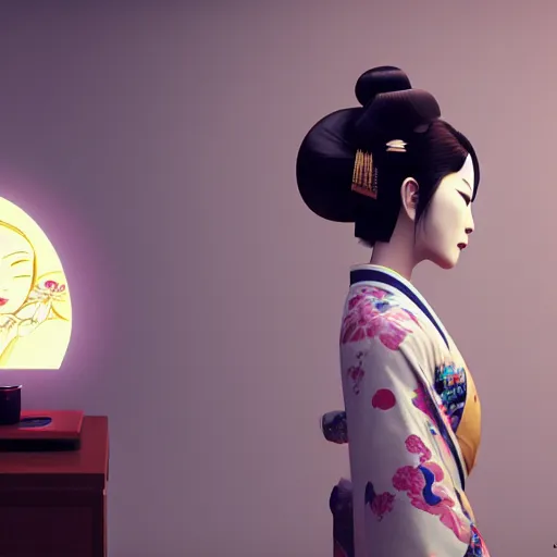 Image similar to an android geisha praying, looking left, wearing a flowing kimono and tattoos, octane render, unreal engine, 8 k, cinematic, artwork by ilya kuvshinov