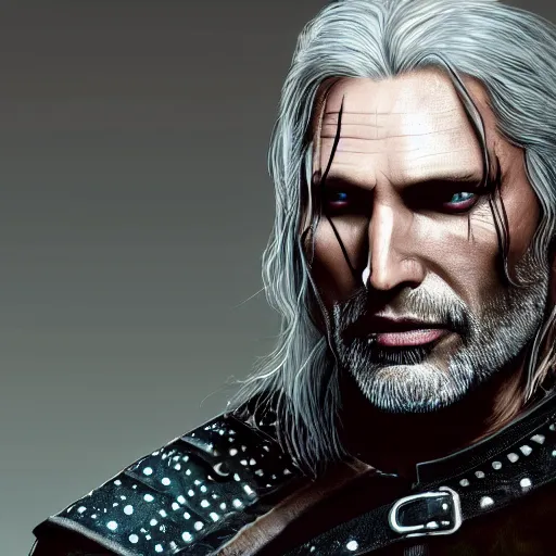 Prompt: mads mikkelsen as geralt from the witcher, portait art, detailed and accurate face