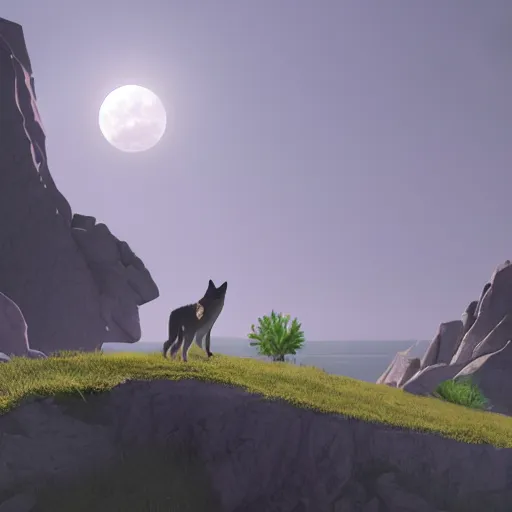 Prompt: a wolf a howling on a cliff, full moon made of cheese is in the background, photorealistic, concept art, volumetric lighting, raytracing