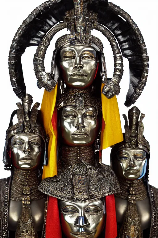 Image similar to chrome carved statue of inca goddess symmetrical three faces, metallic polished sculpture, dressed with a colorful wrapped silk cloak, made by antonio corradini, and dug stanat macabre art, dark surrealism, epic and cinematic view, volummetric light, texturized, detailed, 8 k