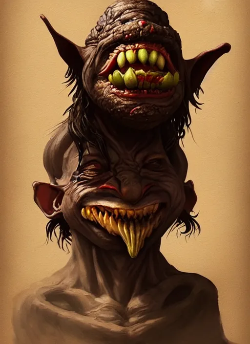 Image similar to portrait of a medieval goblin eating cakes, beautiful face, hyper realistic, highly detailed, digital painting, artstation, illustration, concept art by hyung tae and frank frazetta, digital paint, matte paint, washed colors, dark, gloomy