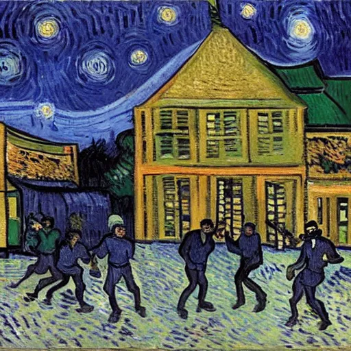 Prompt: people fighting at real estate auction, painting by van gogh