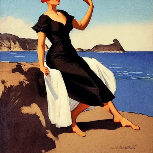 Image similar to woman on the beach, black dress, leyendecker style