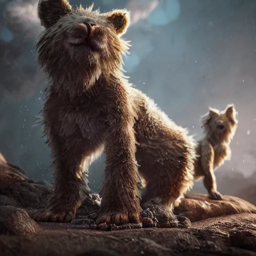 Image similar to full body pose, hyperrealistic photograph cute furry monsters, dim volumetric lighting, 8 k, octane beautifully detailed render, extremely hyper detailed, intricate, epic composition, cinematic lighting, masterpiece, trending on artstation, very very detailed, stunning, hdr, smooth, sharp focus, high resolution, award, winning photo, dslr, 5 0 mm