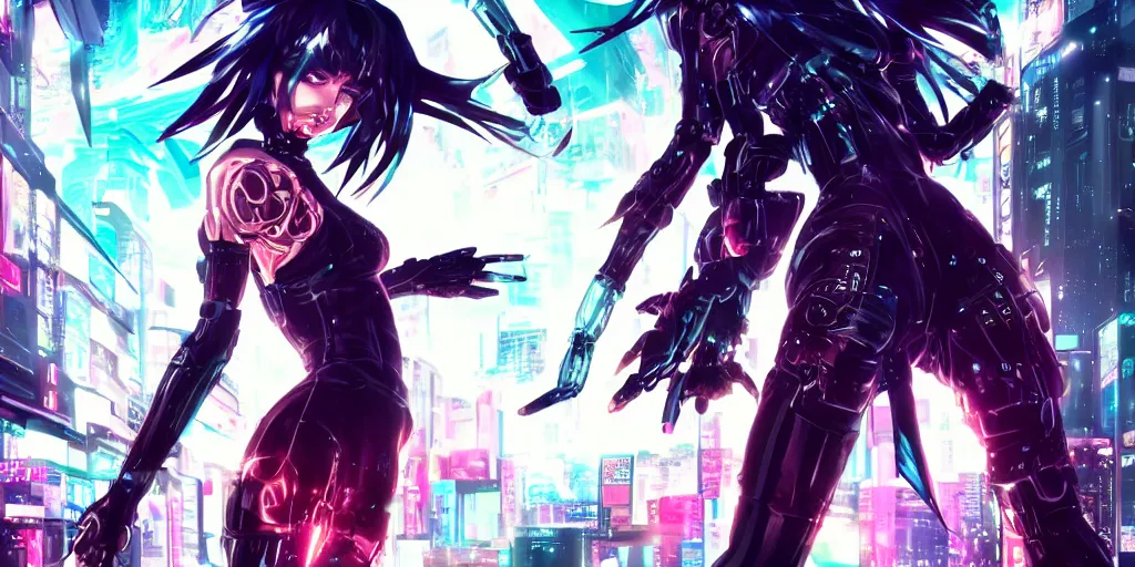 Image similar to full digital cyberpunk anime!!, shattered cyborg - girl in the style of arcane!!!, lightning, raining!!, water refractions!!, black long hair!, biomechanical details, neon background lighting, reflections, wlop, ilya kuvshinov, artgerm