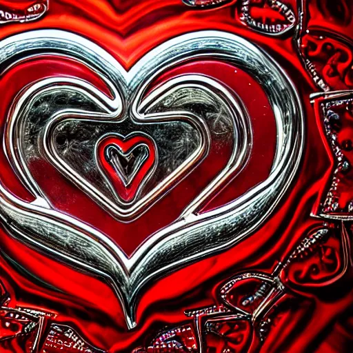 Image similar to a chrome carved heart, highly detailed, red atmosphere, intricate artwork, graphic style of Patrick Gleason very coherent symmetrical artwork, depth of field, bokeh