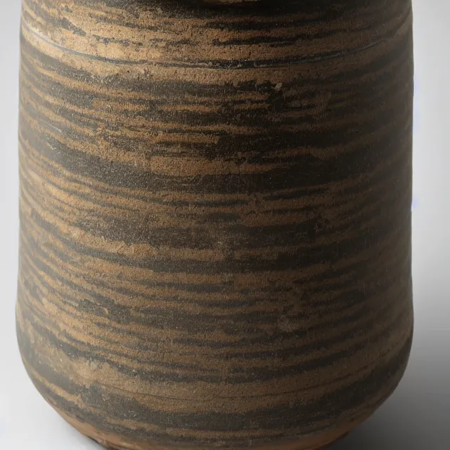 Image similar to a photo of a cylindrical clay jar with two sentences of thamudic, dark, brooding, atmospheric, volume lighting