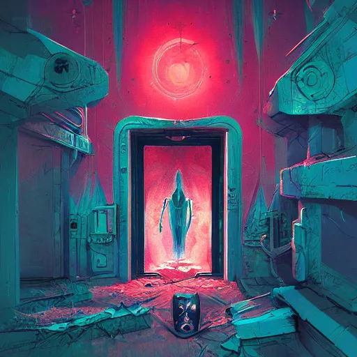 Image similar to artificial super consciousness opening the door to the unknown by anton fadeev, by hr giger, fauvism, horror, trending on artstation, masterpiece, octane render
