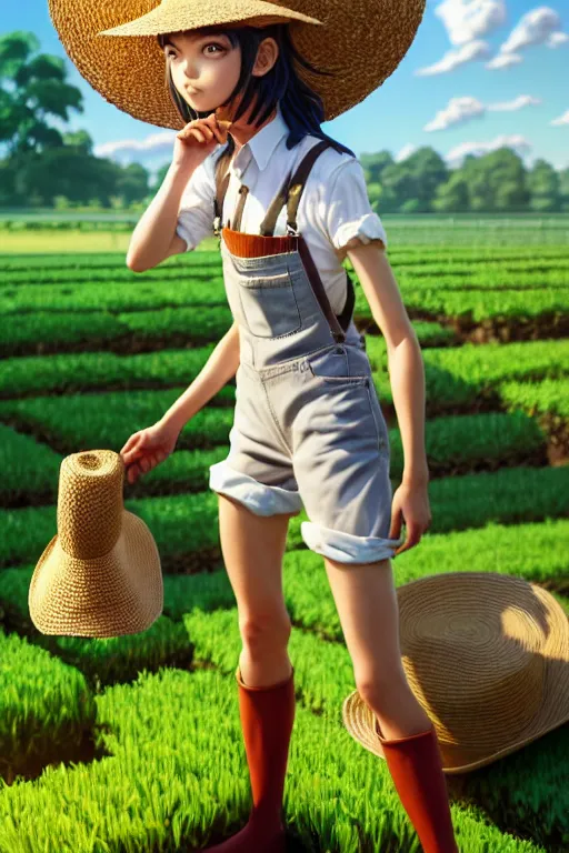 Prompt: mandragora farmer girl working on the sunny day, wearing a suspender and straw hat, artgerm, artstation, art by hiroaki samura and jiro matsumoto and yusuke murata, fantasy, box office hit, movie poster, unreal engine, octane render, sharp focus, high quality, highly detailed 8 k