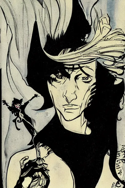 Image similar to character named dream, from sandman comic book, illustration, art by hugo pratt, portrait, comic book cover