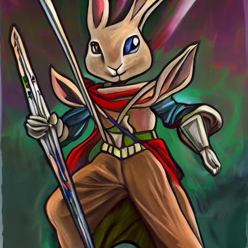 Image similar to rabbit swordsman, brush strokes, oil painting, yugioh art style