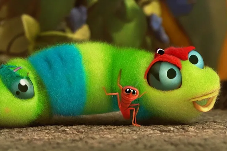 Image similar to disney pixar's a bug's life, cgi caterpillar colorful, furry caterpillar