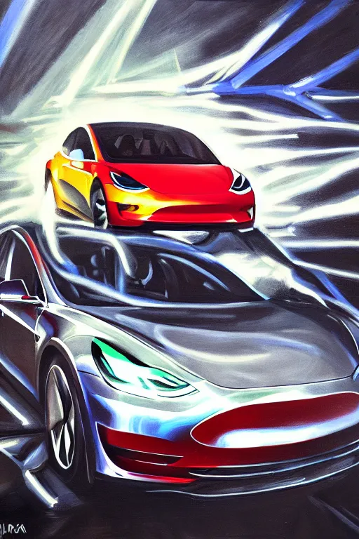 Prompt: tesla model 3 transforming into a transformer robot, oil on canvas