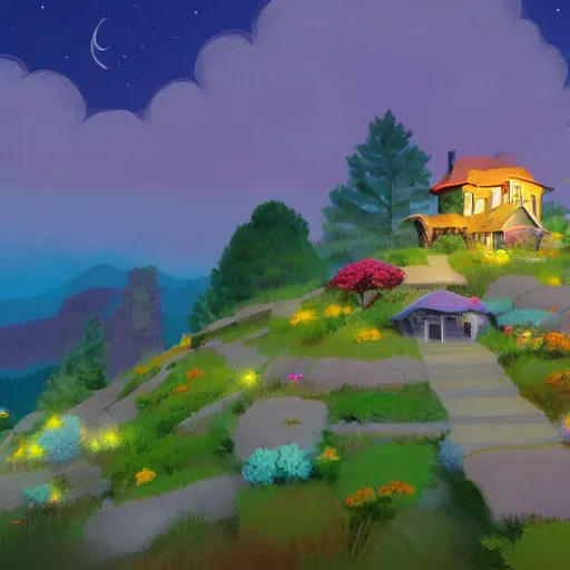 Image similar to beautiful 3 d painting of a colourful house on a hilltop at midnight with small fireflies flying around, in the style of studio ghibli, artstation, unreal engine