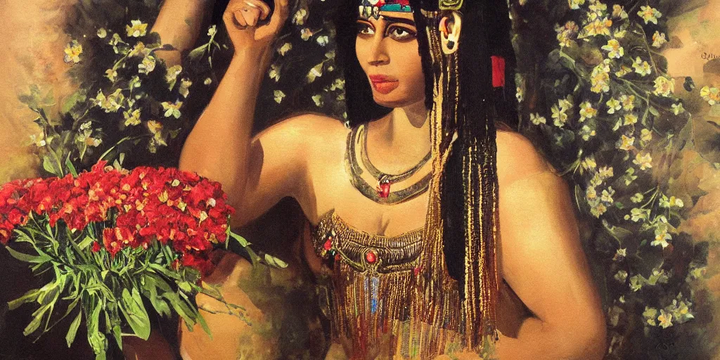 Image similar to a painting of cleopatra holding flowers. star lit sky, ultra realistic.