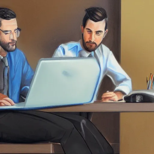 Prompt: two men sitting in the office in front of laptop, high details, art station,