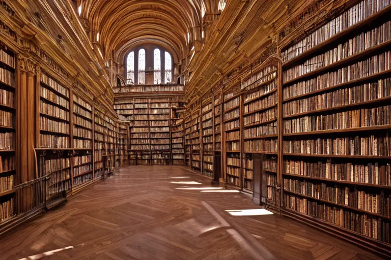 Prompt: interior architectual photo of a monumental great library hall with high ceiling, spiral shelves full of books, volumetric lighting, daniel merriam