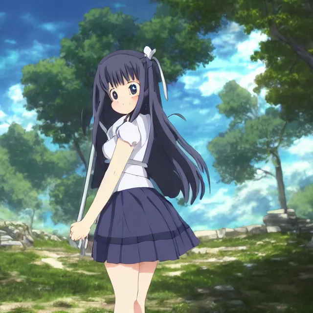 Image similar to high quality anime-style image of Hestia from Is It Wrong to Try to Pick Up Girls in a Dungeon wearing a plaid schoolgirl skirt and pigtails hair, standing outside a forbidden stone temple, 4k, digital art, wallpaper