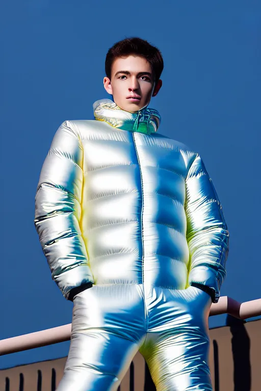 Image similar to un ultra high definition studio quality photographic art portrait of a young man standing on the rooftop of a british apartment building wearing soft baggy inflatable padded silver iridescent pearlescent clothing. three point light. extremely detailed. golden ratio, ray tracing, volumetric light, shallow depth of field. set dressed.