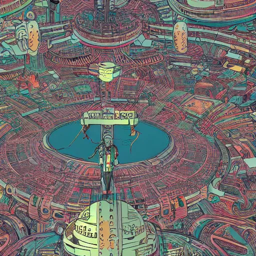 Prompt: hyper detailed aerial top down comic illustration of a man eaten by a machine in the centre of the composition, encircled by cybernetic gateways, by Josan Gonzalez and Geof Darrow and peter doig, very detailed, 4k, highly detailed, 8k wallpaper