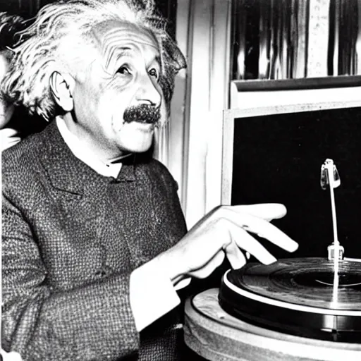 Image similar to photo of Albert Einstein DJing a record player at a nightclub, vintage, highly detailed facial features, at a nightclub