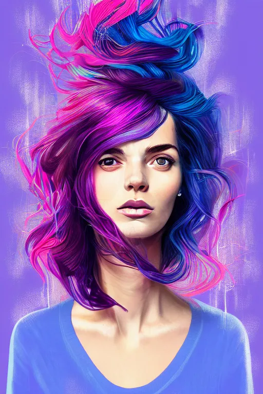 Image similar to a award winning half body portrait of a beautiful woman in a winter sweater with ombre purple pink blue hairstyle with head in motion and hair flying by sandra chevrier, outrun, vaporware, illustration, digital art, trending on artstation, highly detailed, fine detail, intricate