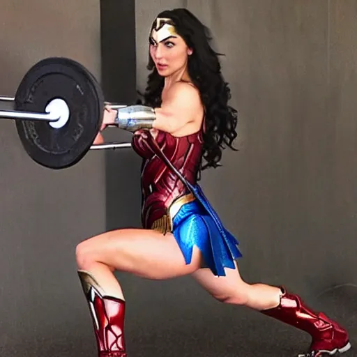 Prompt: gal gadot dressed as wonder woman doing a barbell squat