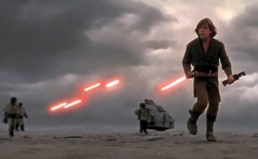 Image similar to screenshot portrait of Luke Skywalker running in a windy fiery battlefield with scattered parts of AT-AT walkers, with young jedi army behind him, iconic scene from 1983 film by Stanley Kubrick, last jedi, 4k HD, movie still, explosions, cinematic lighting, beautiful portrait of Mark Hammill, moody scene, stunning cinematography, anamorphic lenses, kodak color film stock