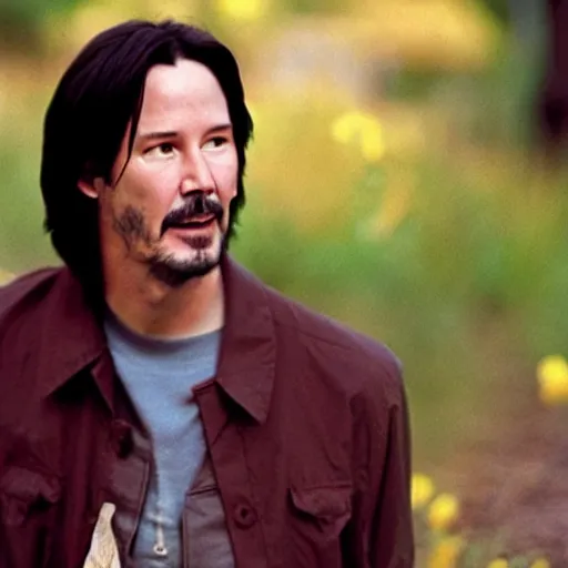 Image similar to A still of Keanu Reeves as Winnie the Pooh