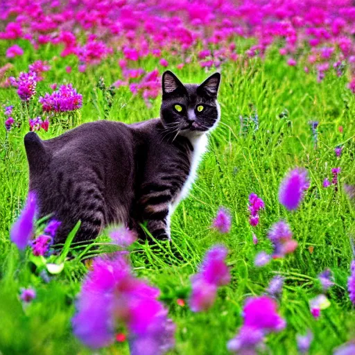Prompt: a professional photograph of a cat in a field of flowers, high quality, highly detailed, cute, HD, 8K