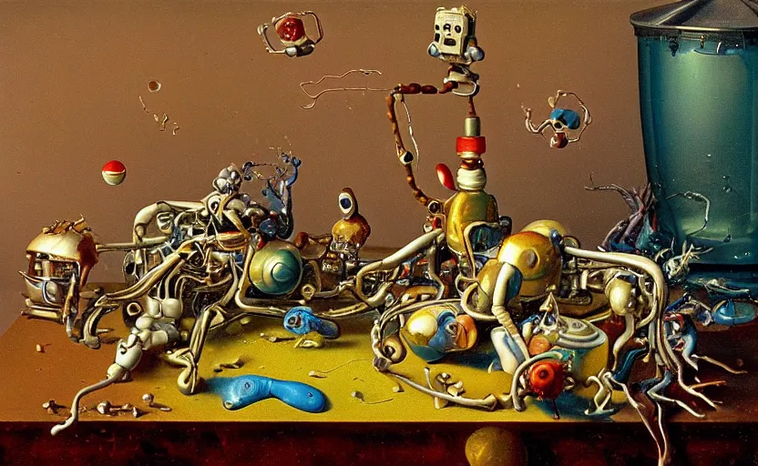 Image similar to strange fragile robot body, disturbing colorful oil painting dutch golden age vanitas still life sparse composition with bizarre objects strange gooey transparent surfaces shiny metal reflections bizarre mutant meat insects rachel ruysch dali todd schorr very detailed perfect composition rule of thirds masterpiece canon 5 0 mm, cinematic lighting, photography, retro, film, kodachrome