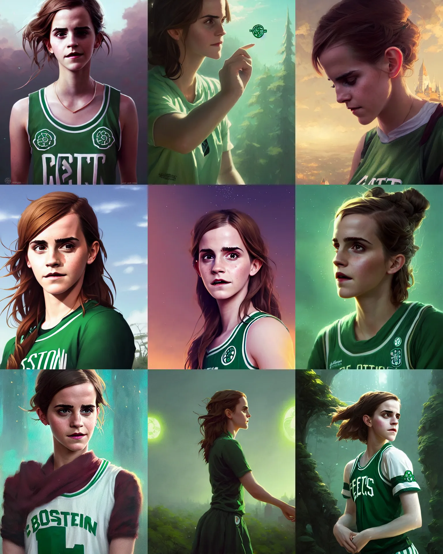 Prompt: mid - range portrait of emma watson wearing boston celtics uniform, stephen bliss, unreal engine, fantasy art by greg rutkowski, loish, rhads, ferdinand knab, makoto shinkai and lois van baarle, ilya kuvshinov, rossdraws, tom bagshaw, global illumination, fan art, radiant light, detailed and intricate environment