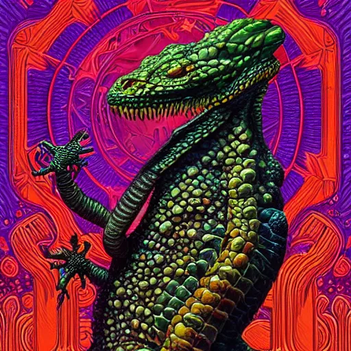Prompt: intricate five star spectral lizard by casey weldon, oil on canvas, hdr, high detail, photo realistic, hyperrealism, matte finish, high contrast, 3 d depth, centered, masterpiece, vivid and vibrant colors, enhanced light effect, enhanced eye detail, artstationhd