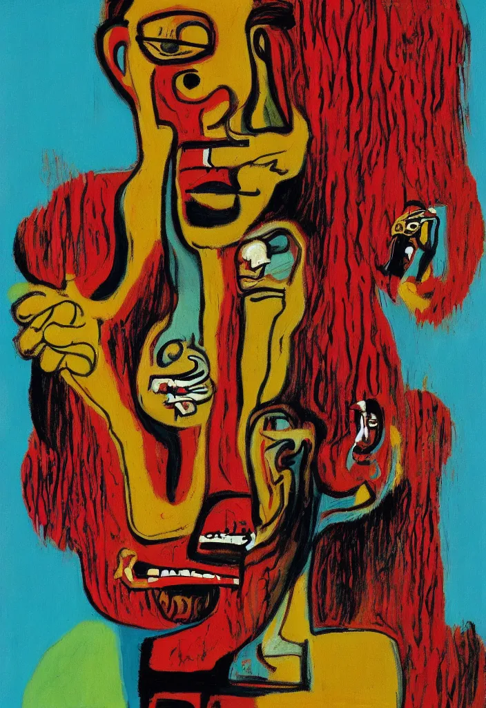 Prompt: woman eating sausage in the style of jean michel basquiat, beksisnski, and pablo picasso