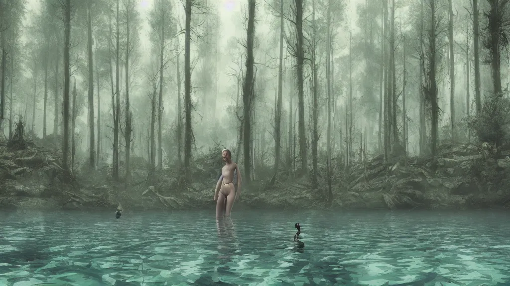 Prompt: post - apocalyptic swam in a forest